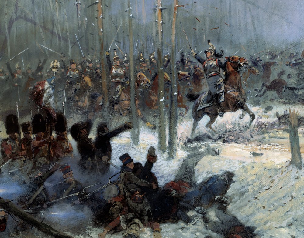 Venäjän kampanja vuonna 1812: "" Eversti Duboisin 7. taistelulaivan panos la Berezinassa (Beresina) 28.11.1812 Venäjällä"" Yksityiskohta. Jean-Baptiste-Edouard (Jean Baptiste Edouard) Detaillen (1848-1912) maalaus 1800-luvulta. Pariisi, Musee de l