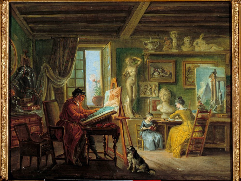 Taidemaalarin työpaja Jean Baptiste Lallemandin (1710-1803) maalaus 1700-luvun Dijon, Kuvataidemuseo tekijältä Jean-Baptiste Lallemand