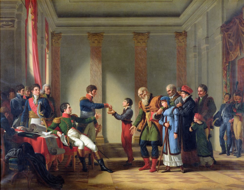 Napoleon Bonaparte (1769-1821) myöntää 117-vuotiaalle puolalaiselle Nereckille sadan napoleonin eläkkeen, tammikuu 1807, 1812 tekijältä Jean-Charles Tardieu