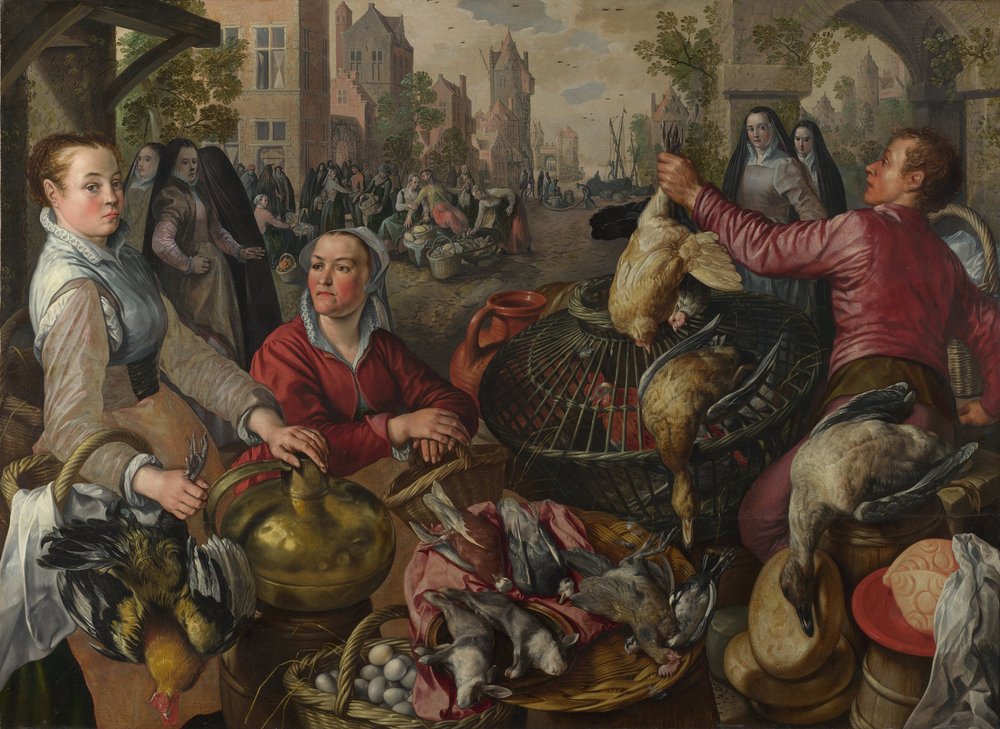 Neljä elementtiä: Siipikarjakoju kaupungissa, jonka takana on tuhlaajapoika - Ilman allegoria, 1569 tekijältä Joachim Beuckelaer