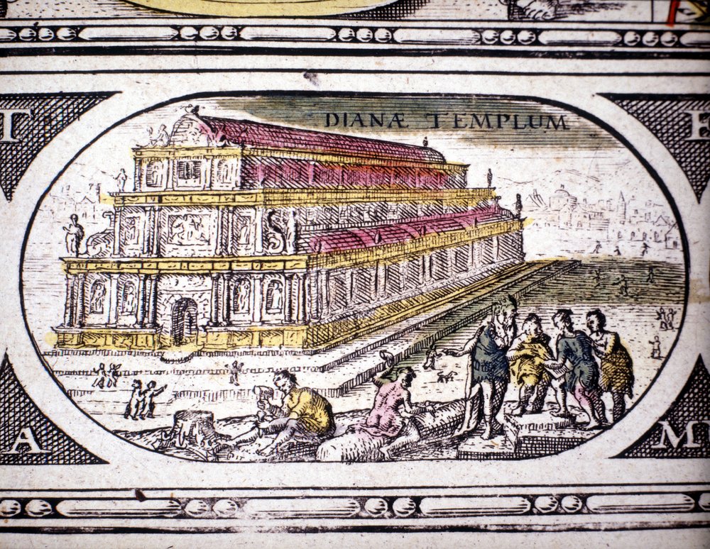 Esitys antiikin seitsemästä ihmeestä: Dianan temppeli (Artemis) Efesoksessa. Amsterdamissa 1630 painettu Jansson Jannsoniuksen atlas. Yksityiskokoelma. tekijältä Joannes Jansson