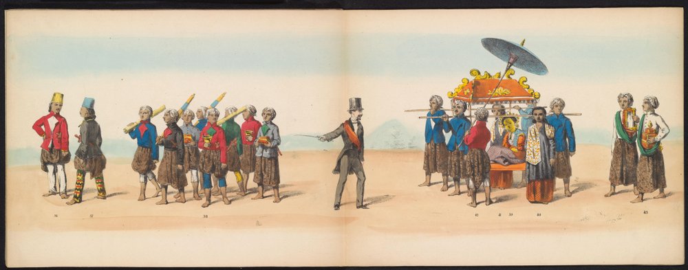 Delftin opiskelijoiden naamiaiset, 1857 (levy 5) Delftin opiskelijakunnan jäsenten pitämä pukukulkue 5. toukokuuta 1857, ja se kuvaa Djokjokartan sulttaanin Garebeg-kulkuetta ja Hollannin tyypillisimpiä tyyppejä. tekijältä Johan Hendrik Hoffmeister