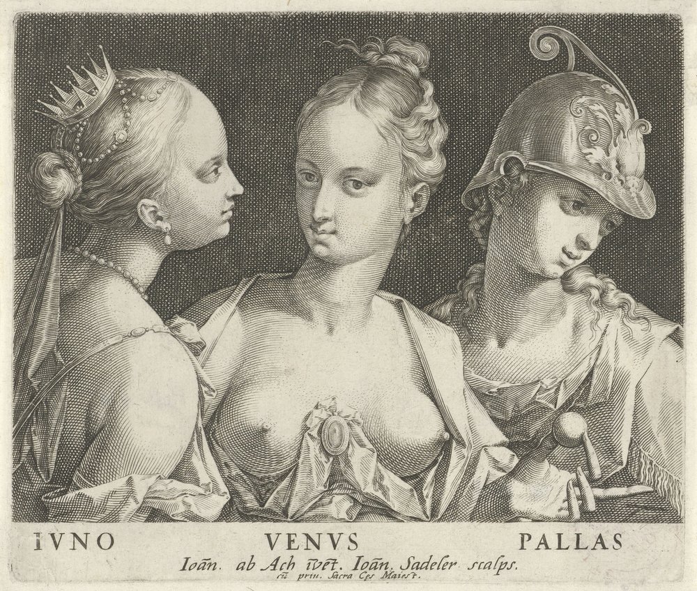Juno, Venus ja Minerva Ivno Venvs Pallas (otsikko esineessä) tekijältä Johann Sadeler (I)