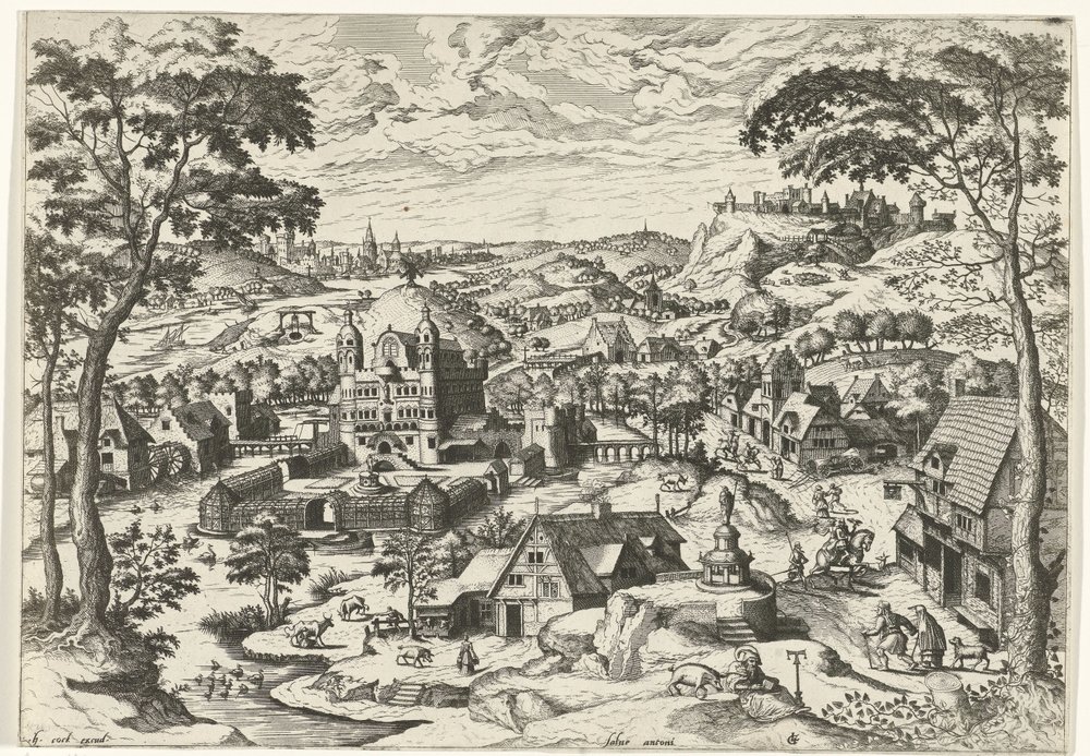 Maisema Saint Anthonyn kanssa Salve Antoni (otsikko esineessä) Maisemat kristillisillä tarinoilla (sarjan nimi) tekijältä Johannes of Lucas van Doetechum