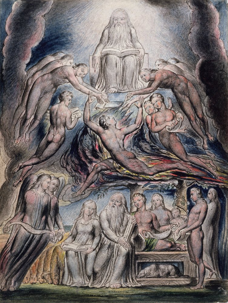 Kuvituksia Jobin kirjasta, s. 3 (sivu 2): Saatana Jumalan valtaistuimen edessä, William Blaken (1757-1827) jälkeen (pen und ink ja wc) tekijältä John Linnell
