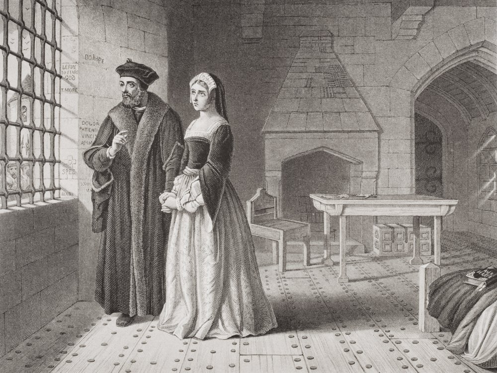 Sir Thomas More (1477-1535) ja hänen tyttärensä Margaret tarkkailemassa teloitettavaksi menossa olevia munkkeja vankilansa ikkunasta, Englannin ja Skotlannin historian kuvituksia, nide I tekijältä John Rogers Herbert