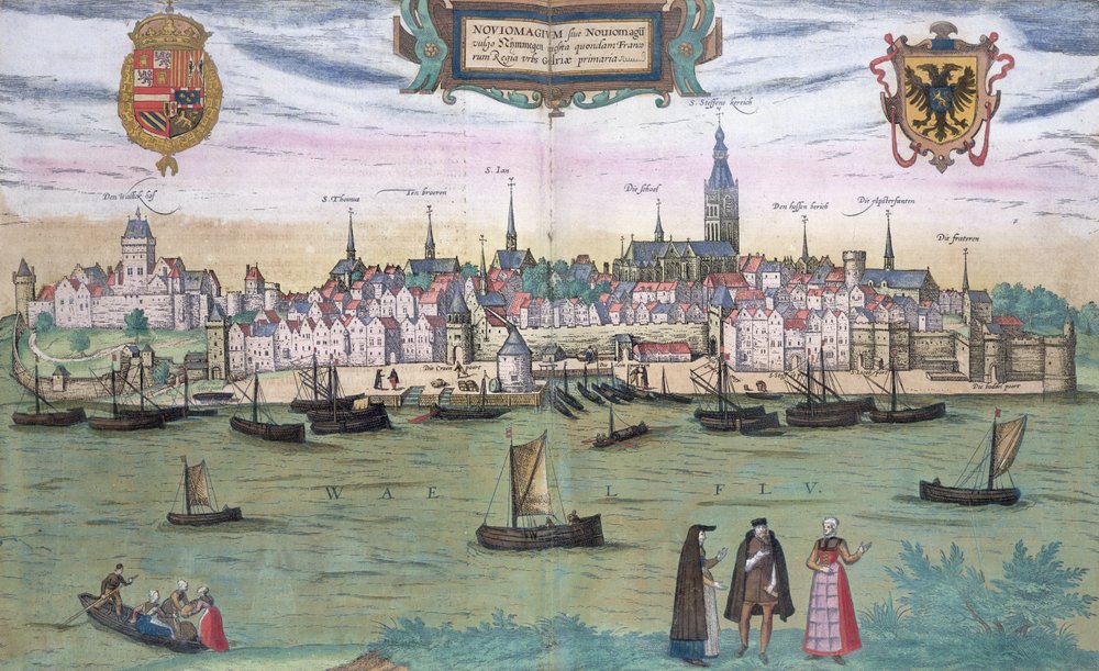 Nijmegenin kartta, Georg Braunin (1541-1622) ja Frans Hogenburgin (1535-90) julkaisusta "Maailman kaupungit", n. 1572 tekijältä Joris Hoefnagel