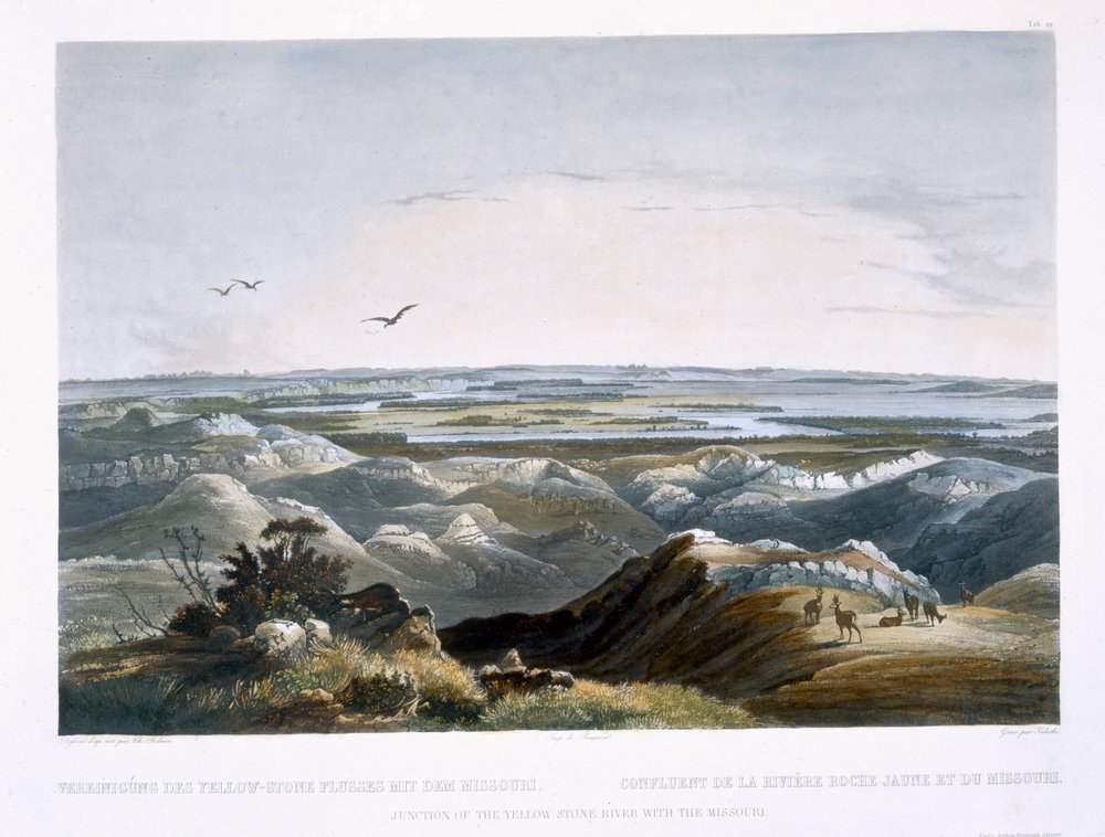 Keltaisen kivijoen risteys Missourin kanssa, levy 29 kirjan "Travels in the Interior of North America" 2. osasta, kaiverrus Friedrich Salathe (1793-1858) 1844 (akvatinta) tekijältä Karl Bodmer