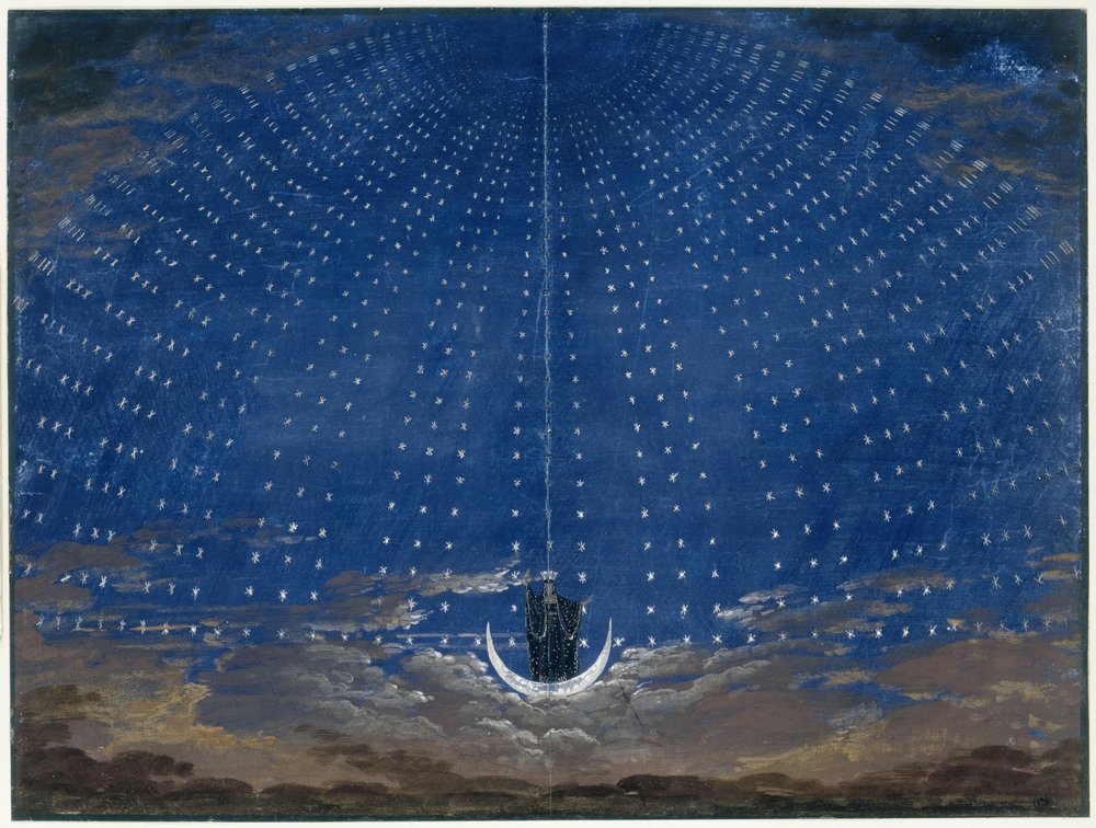 Lavastus Yön kuningattarelle (Mozartin taikuushuilussa) tekijältä Karl Friedrich Schinkel