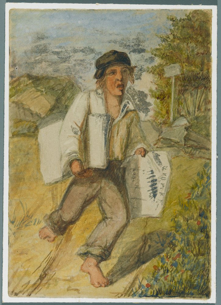 Sanomalehtipoika, 1864 (wc mustan median alipiirroksen päällä) tekijältä Karl L.H. Mueller