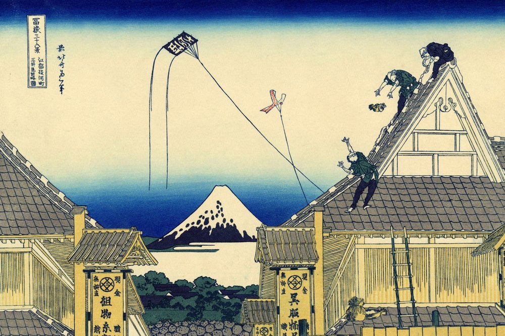 Luonnos Mitsui-liikkeestä Suruga-kadulla Edossa, n. 1830 (puupainatus) tekijältä Katsushika Hokusai