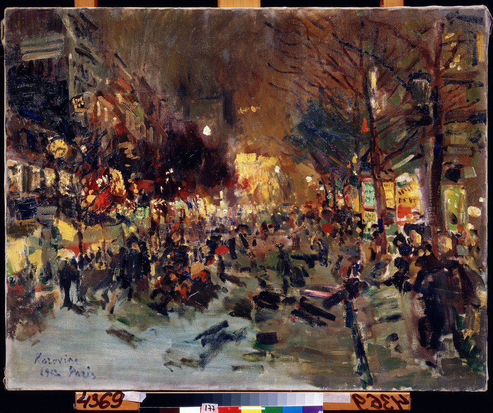Grand Boulevard Pariisissa (Boulevard in Paris). Näkymä vilkkaalle kadulle illalla. Näet Morris-sarakkeet oikealla. Maalaus Konstantin Aleksejevitš Korovin (Konstantin Korovin) (1861-1939), öljy kankaalle tekijältä Konstantin Alekseevich Korovin