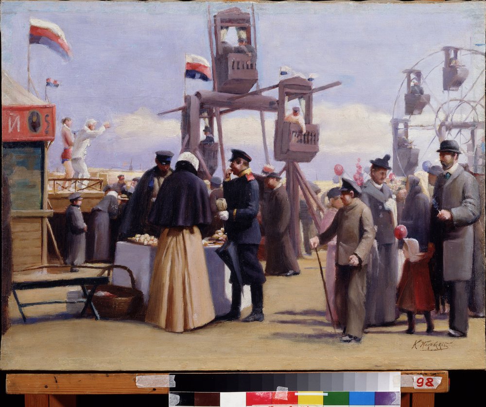 Moskovan messujen kojut. (Moskovan messuosastot). Maalaus: Konstantin Jegorovich Makovski (Constantin Makovsky) (1839-1915), öljy kankaalle. 1800-luvun venäläinen taide. Chuvashin tasavallan valtion taidemuseo, Cheboksary (Chuvashia, Venäjä). tekijältä Konstantin Egorovich Makovsky