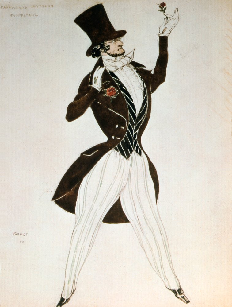 Florestan, pukusuunnittelu Robert Schumannin säveltämän baletin karnevaaliin, 1919 tekijältä Leon Bakst