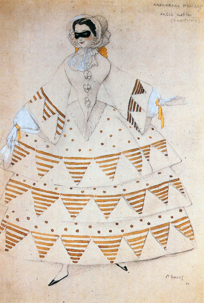 Noble Waltz, pukuluonnos balettiin " Carnaval ", jonka musiikki on Robert Schumannin (akvarelli, väriliitu ja pesuväri paperille). tekijältä Leon Bakst