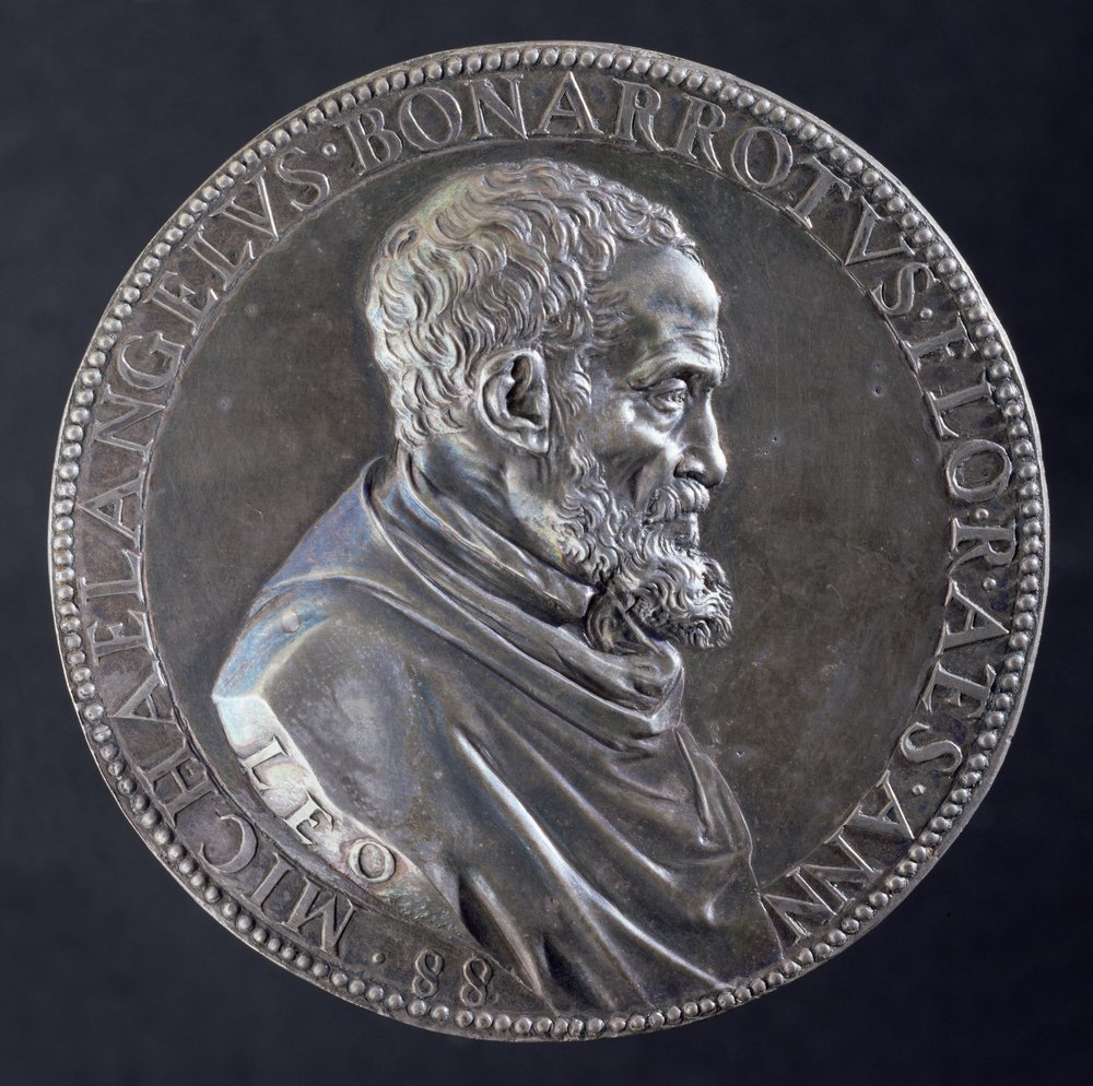 Michelangelo Buonarrottia (1475-1564) 88-vuotiaana esittävän mitalin etupuoli, 1561 tekijältä Leone Leoni