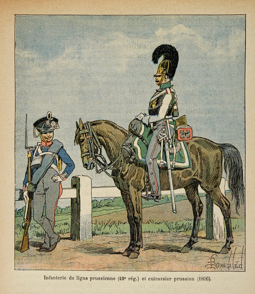 Kuvitus Bombled Louisista (1862-1927) kreivi Emmanuel de Las Casesin (1766-1842) kirjasta "Saint Helenen muistomerkki": Preussilaisen linjan jalkaväki (42, eme rykmentti) ja preussilaiset taistelulaivat. tekijältä Louis Charles Bombled