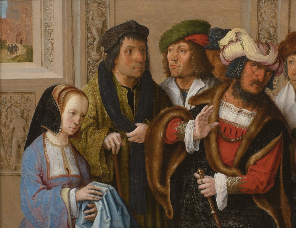Potifarin vaimo esittelee Joosefin vaatteita, noin 1512 (öljy paneelille). tekijältä Lucas van Leyden