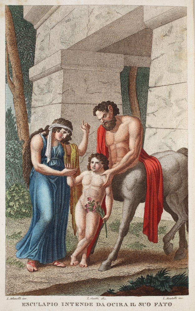 Ocyrrhoe into a Mare tai Esculapio intende da Ocira il Suo Fato, kuvitus Ovidiuksen teoksesta Metamorphoses, Firenze, 1832 (käsin väritetty kaiverrus). tekijältä Luigi Ademollo