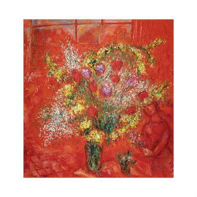 Kukkia punaisella taustalla tekijältä Marc Chagall