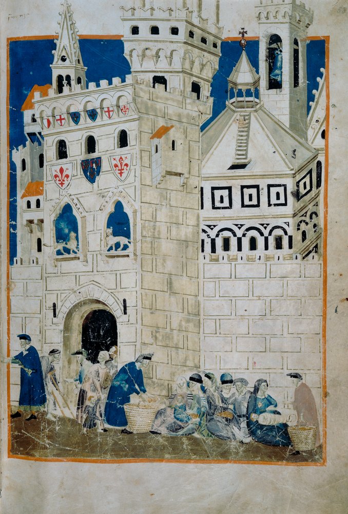 Sienan köyhät tervetulleita Firenzeen (Codice Tempi 3, n. 58), miniatyyri Biadaiolo Codexista tekijältä Master of the Biadaiolo Codex Master of the Biadaiolo Codex
