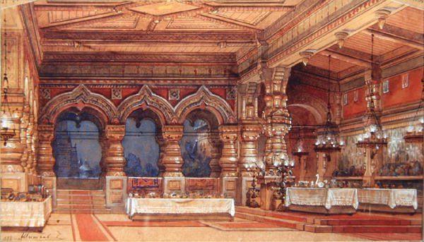 Lavasuunnittelu Dargomyzhskyn vesinymfille, 1888 (kynä, sivellin, guassi ja kulta pahvilla) tekijältä Matvey Andreyevich Shishkov