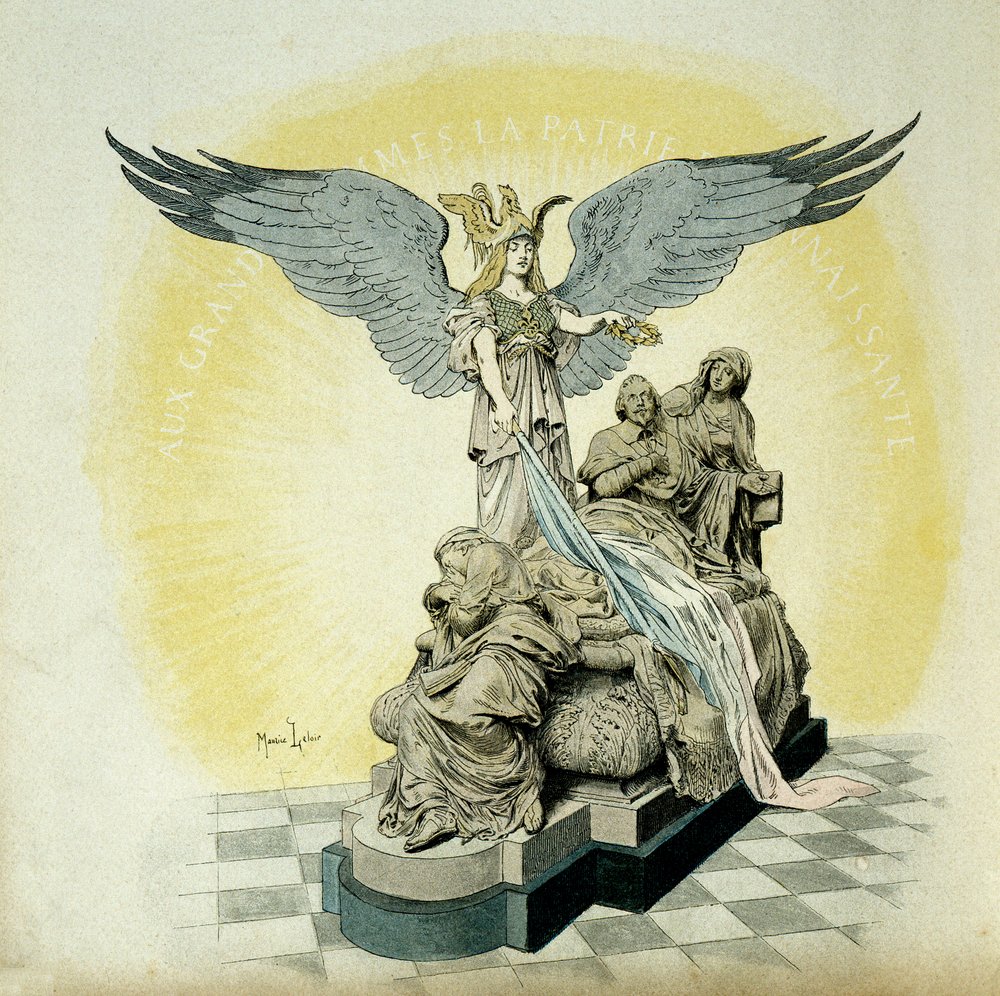 Ranskan historia: Muistomerkki Armand Jean du Plessisille, kardinaali de Richelieulle (1585-1642), Ludvig XIII:n ministerille, Sorbonnen koulussa, Pariisissa. Maurice Leloirin (1853-1940) kuvitus teoksessa "" Richelieu"" tekijältä Maurice Leloir