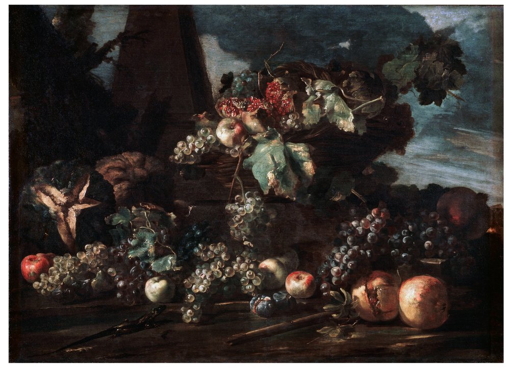 "Asetelma viinirypäleillä", 1600-luku. tekijältä Michelangelo Pace del Campidoglio