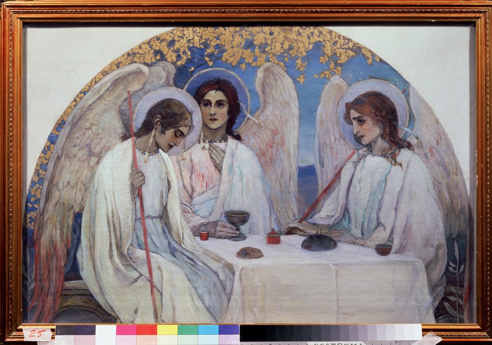 Abrahamin vieraanvaraisuus. Vanhan testamentin kolminaisuus. Edustus kolmesta enkelistä, jotka ilmestyivät Abrahamille lähellä Chene de Mambrea. (Aabrahamin vieraanvaraisuus (Vanhan testamentin kolminaisuus). Mihail Vasilyevich Nesterovin (1862-1942) maala tekijältä Mikhail Vasilievich Nesterov