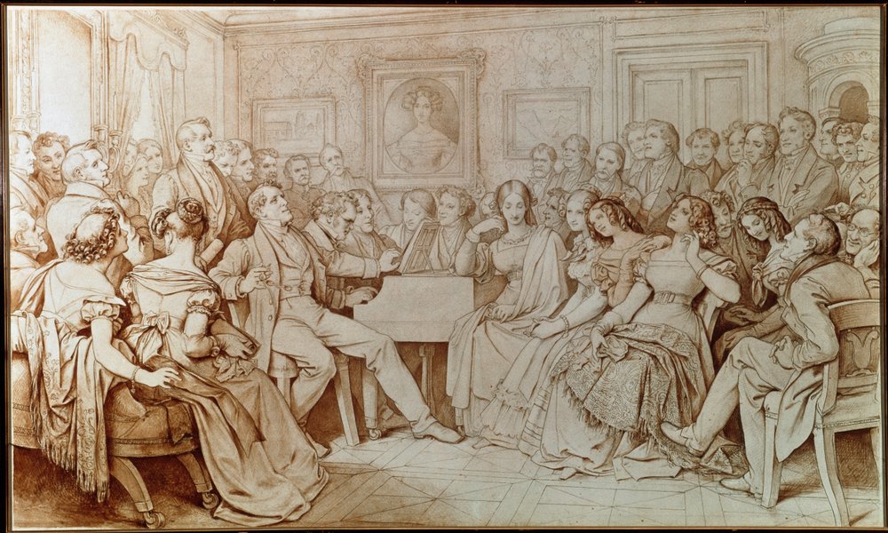 Säveltäjä Franz Schubert säestää tenori Johann Michael Voglia musiikkiillassa Baron von Spaunissa (Piirustus tekijältä Moritz Ludwig von Schwind