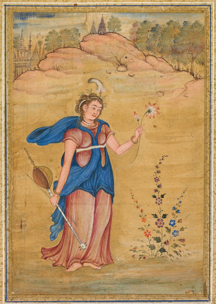 Naishahmo seisoo maisemassa pitäen kädessään nelijousista khuuchiria ja lootusta, n.1590 (peittävä akvarelli kullanvärillä paperille). tekijältä Mughal School