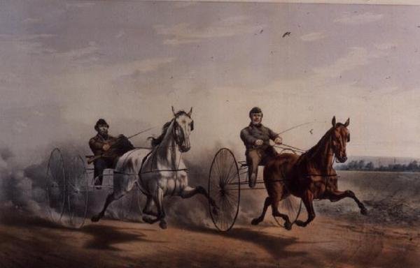 Hero ja Flora Temple Swinging on the Home Stretch, loistavassa ottelussaan 2000 dollarilla Centervillen kurssilla, 1855 tekijältä N. and Ives, J.M. Currier