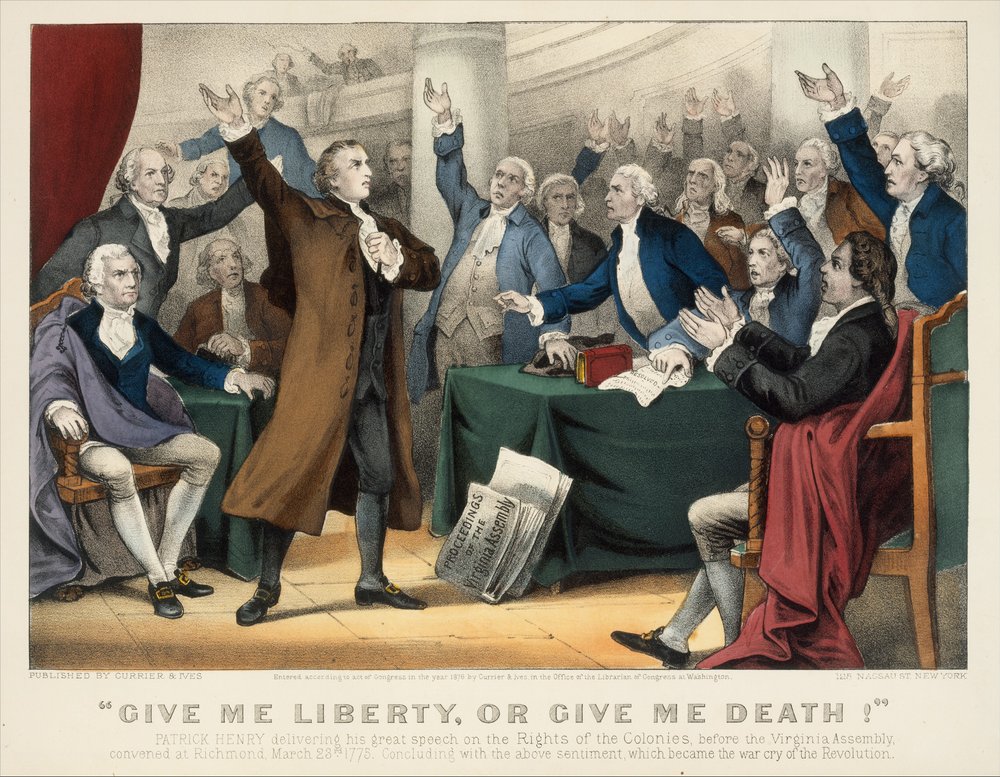 Give Me Liberty or Give Me Death! - Patrick Henry pitää suurenmoisen puheensa oikeuksista ..., 1876. Tekijät: Nathaniel Currier, James Merritt Ives, Currier ja Ives. tekijältä Currier and Ives
