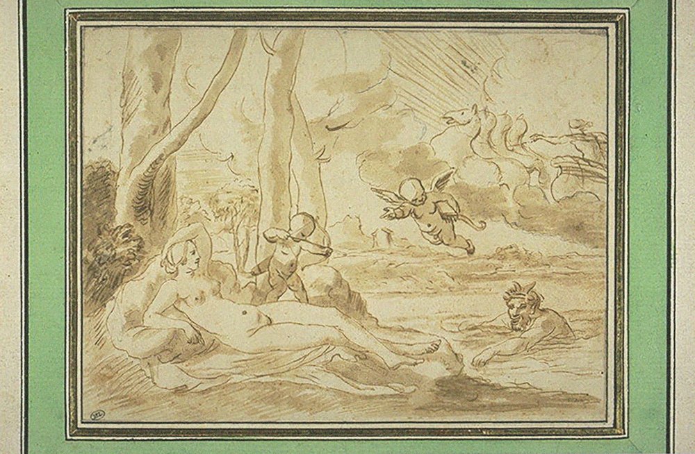 Jupiter ja Antiope (kynä ja ruskea muste, ruskea pesu, jälkiä mustasta kivestä) tekijältä Nicolas (attr.to) Poussin
