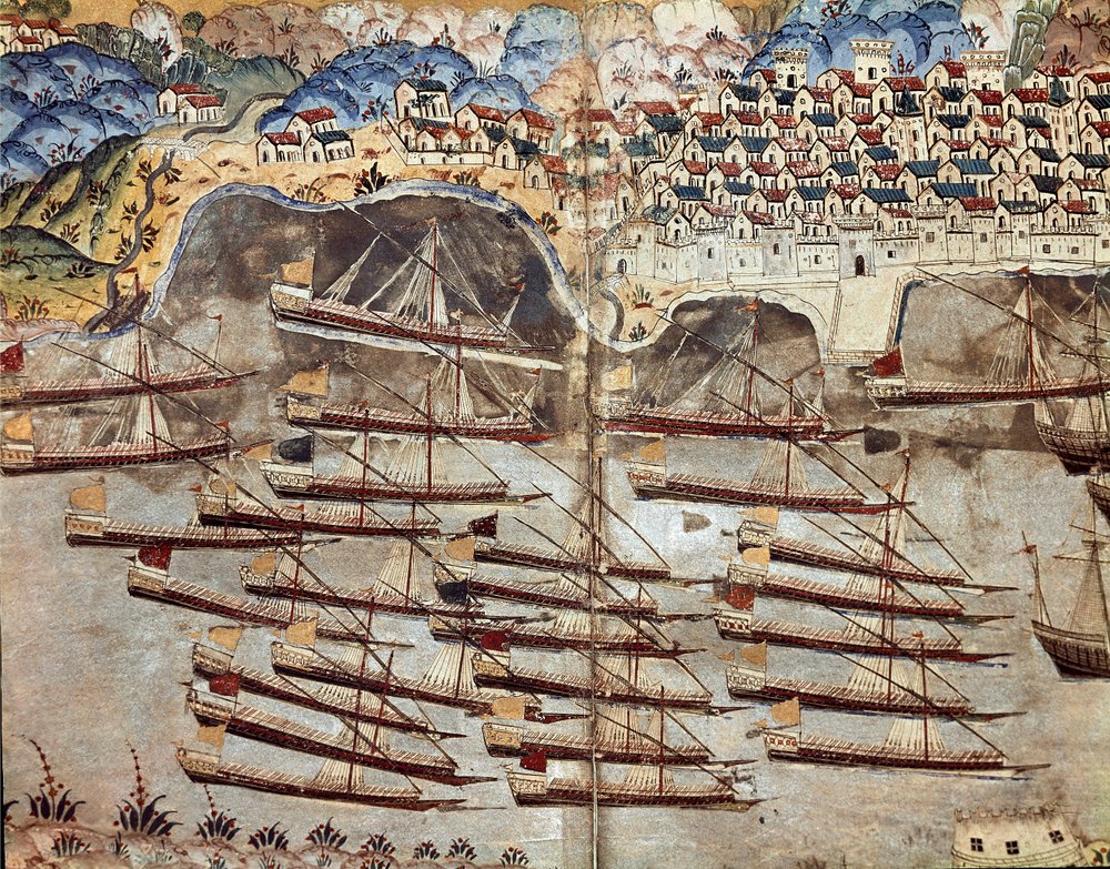 Ottomaanien valtakunta: esitys Barberossan laivastosta (Khizir Khayr ad-din (Barbaros Hozor Hayreddin Pasha tai Pasa tai Chair ad Din, Chaireddin tai Cheireddin) (1466-1546), yksityismies, vastapäätä Nizzan kaupunkia 