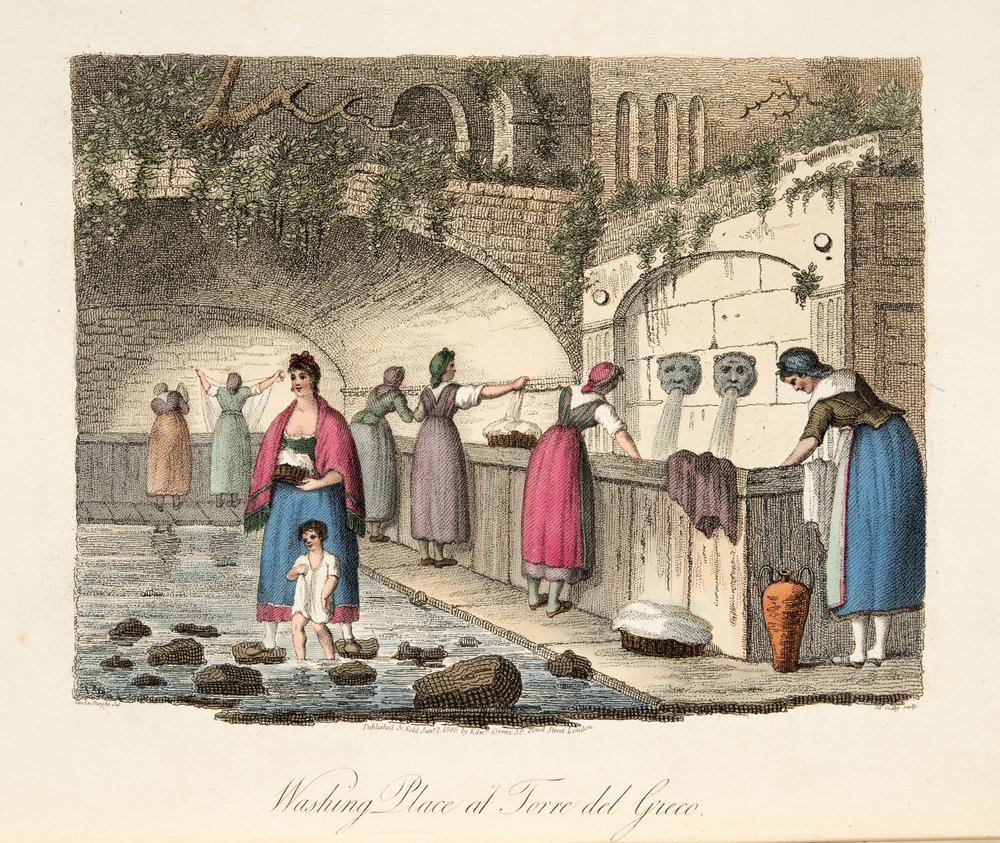 Pesupaikka Torre del Grecossa, Italian maisemista, joka edustaa Italian eri valtioiden tapoja, tapoja ja huvituksia, pubi. 1806 (käsinvärinen kaiverrus) tekijältä P. van (after) Lerberghi
