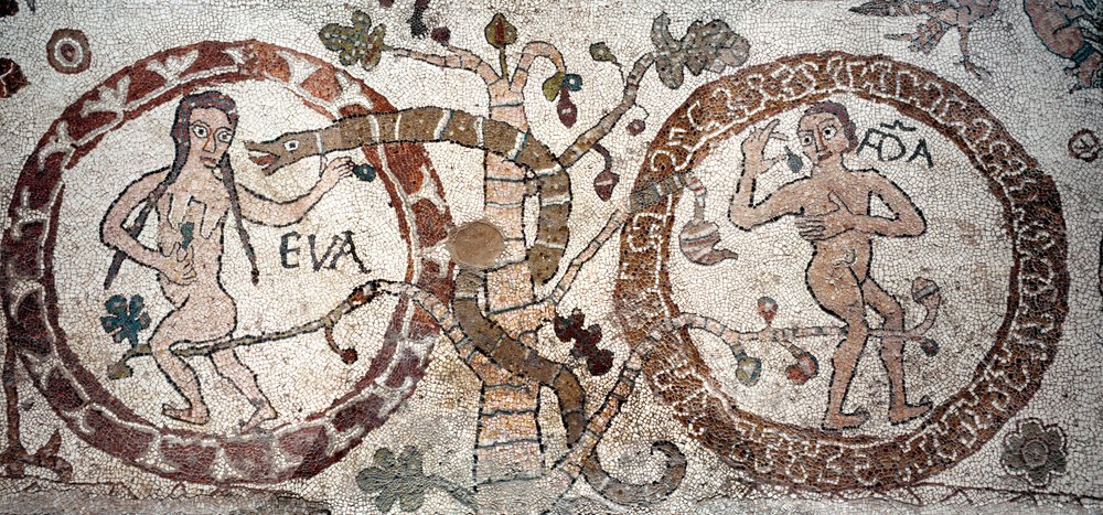 Aadamin ja Eevan kiusaus. Pappi ja mosaiikkitaiteilija Pantaleonen mosaiikki. 1163-1166. Otranton katedraalin keskilaiva (Otranto), Italia tekijältä Pantaleon Pantaleon