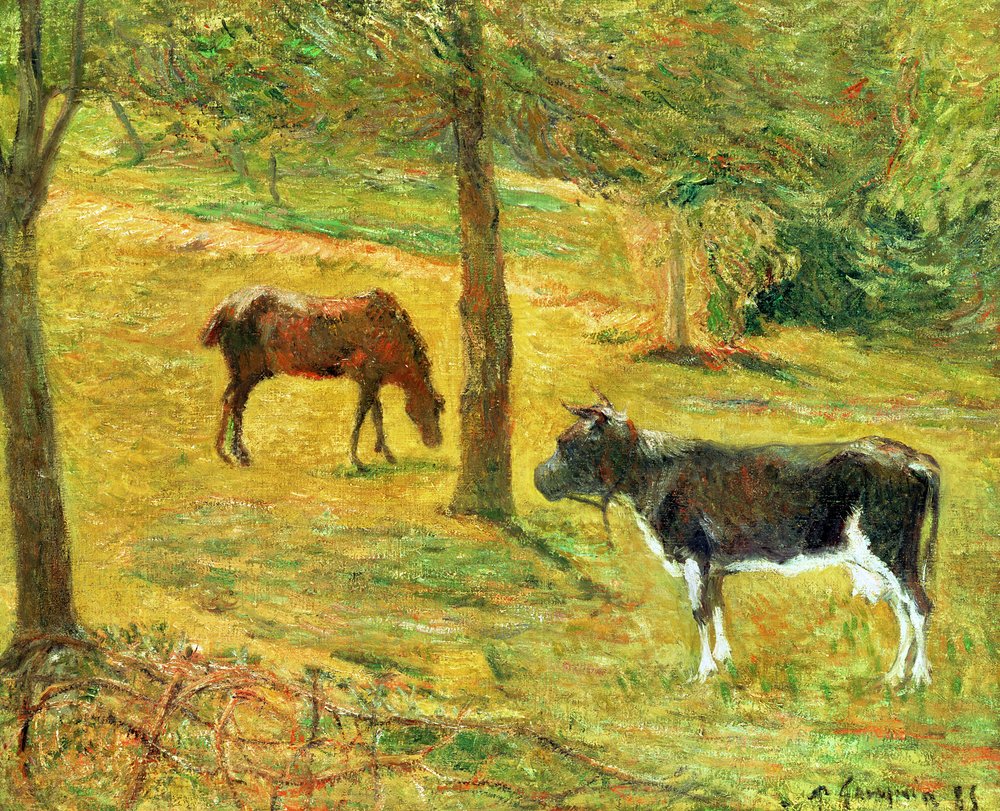 Hevonen ja lehmä niityllä, 1885 tekijältä Paul Gauguin