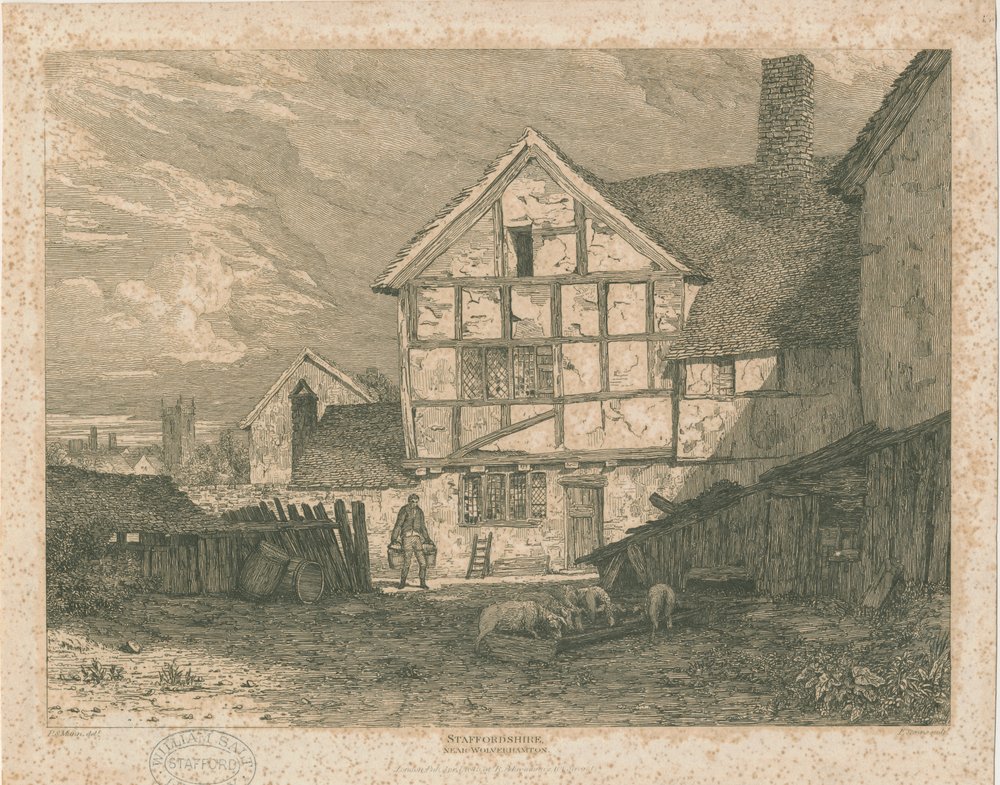 Wolverhampton - Puurakenteisen talon rauniot: teräskaiverrus, nd [c 1815] tekijältä Paul Sandby Munn