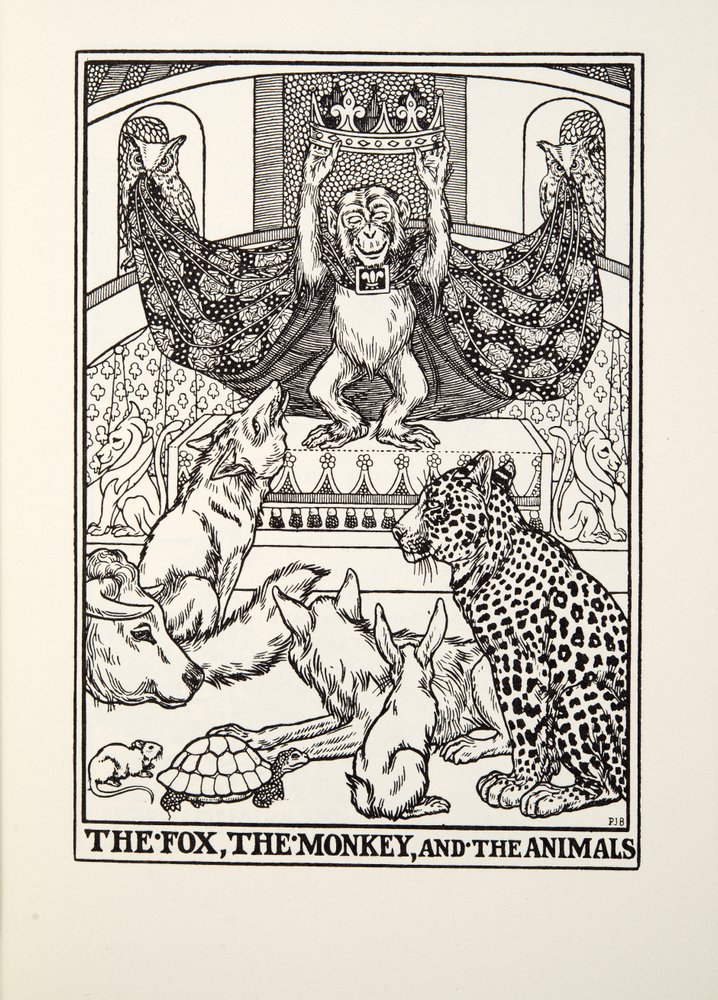 Kettu, apina ja eläimet, teoksesta Fontaine Fables, pub. 1905 tekijältä Percy J. Billingshurst
