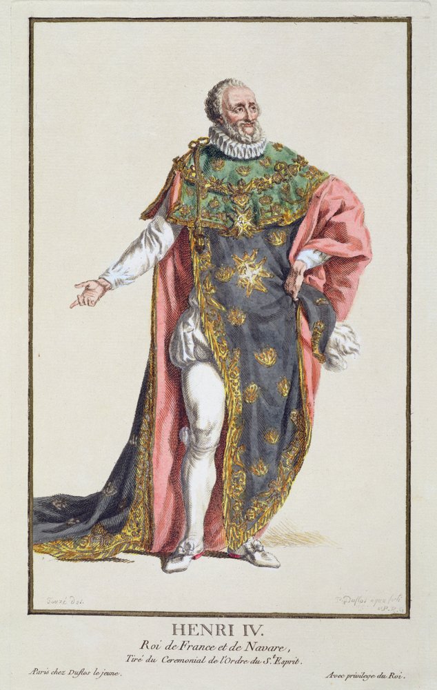 Henri IV (1553-1610) Ranskan kuningas, kirjasta "Receuil des Estampes, joka edustaa arvoja ja arvokkaita kaikkien olemassa olevien kansakuntien puvun mukaan", julkaistiin 1780 (käsinvärinen kaiverrus) tekijältä Pierre Duflos