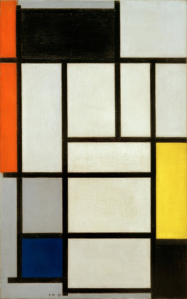 Sommitelma punaisella, mustalla, keltaisella, sinisellä ja harmaalla tekijältä Piet Mondrian
