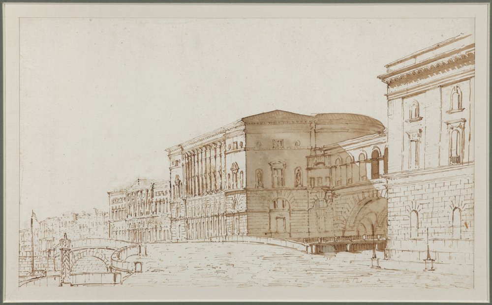 Eremitaaši-teatteri Pietarissa - Pietro di Gottardo Gonzaga (1751-1831). Kynä, sivellin, ruskea väri paperilla tekijältä Pietro Gonzaga