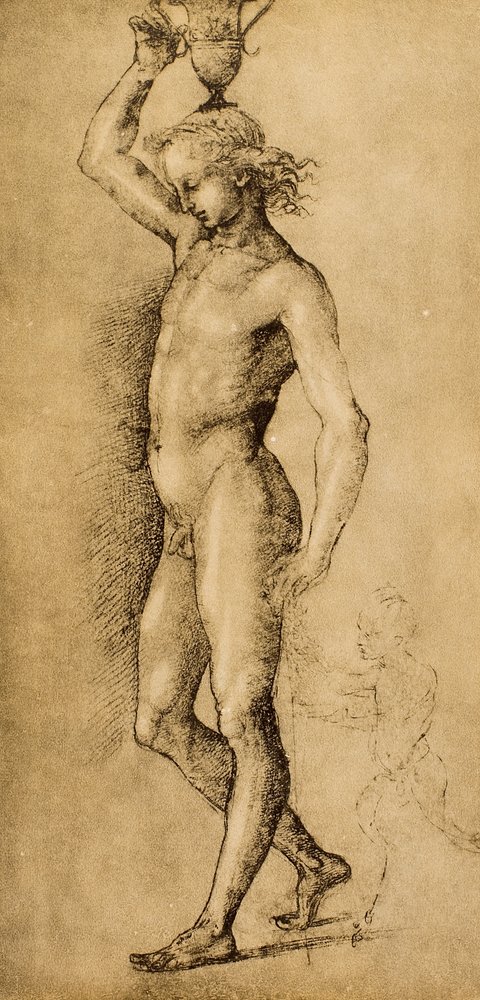 Bacchus, joka tunnetaan nimellä Idolino, Rafaelin piirros. Piirustus- ja grafiikkakaappi, Uffizi-galleria, Firenze tekijältä Raffaello Sanzio Raphael