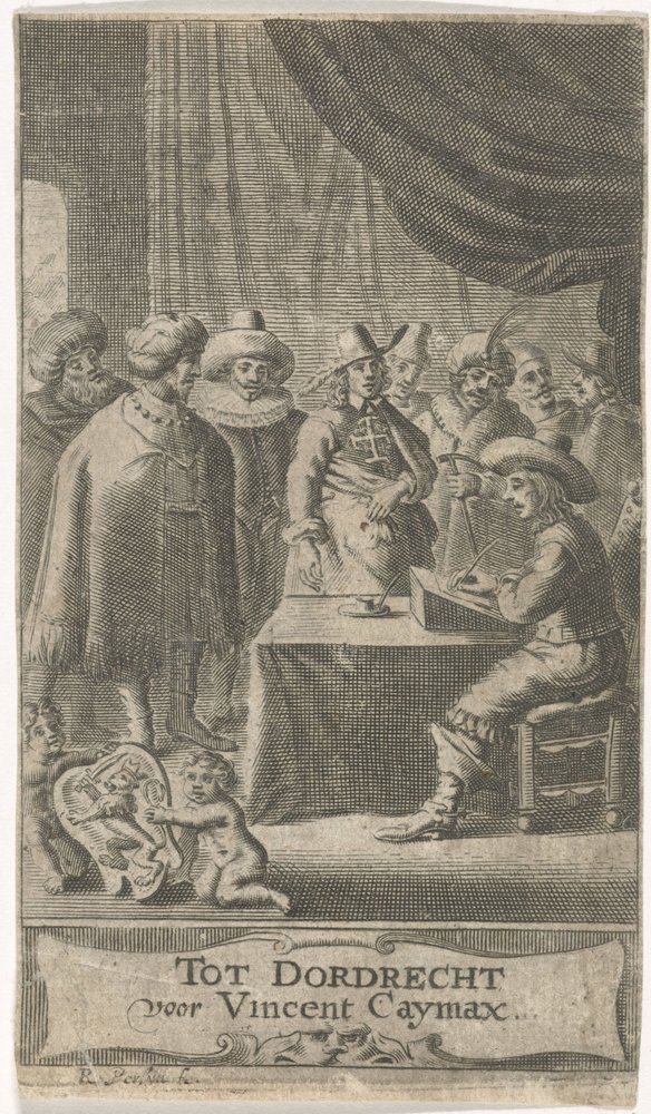Kauppias kirjoituspöydän ääressä Nimisivu: J. van der Does e.a., Verscheyde voyagien, ofte reysen, 1652 tekijältä Reinier van Persijn