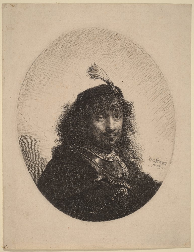 Omakuva () höyhenkoristellulla lakkilla ja lasketulla sapelilla tekijältä Rembrandt van Rijn