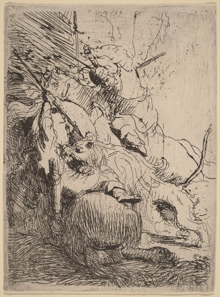 Pienen leijonan metsästys (yhdellä leijonalla) tekijältä Rembrandt van Rijn