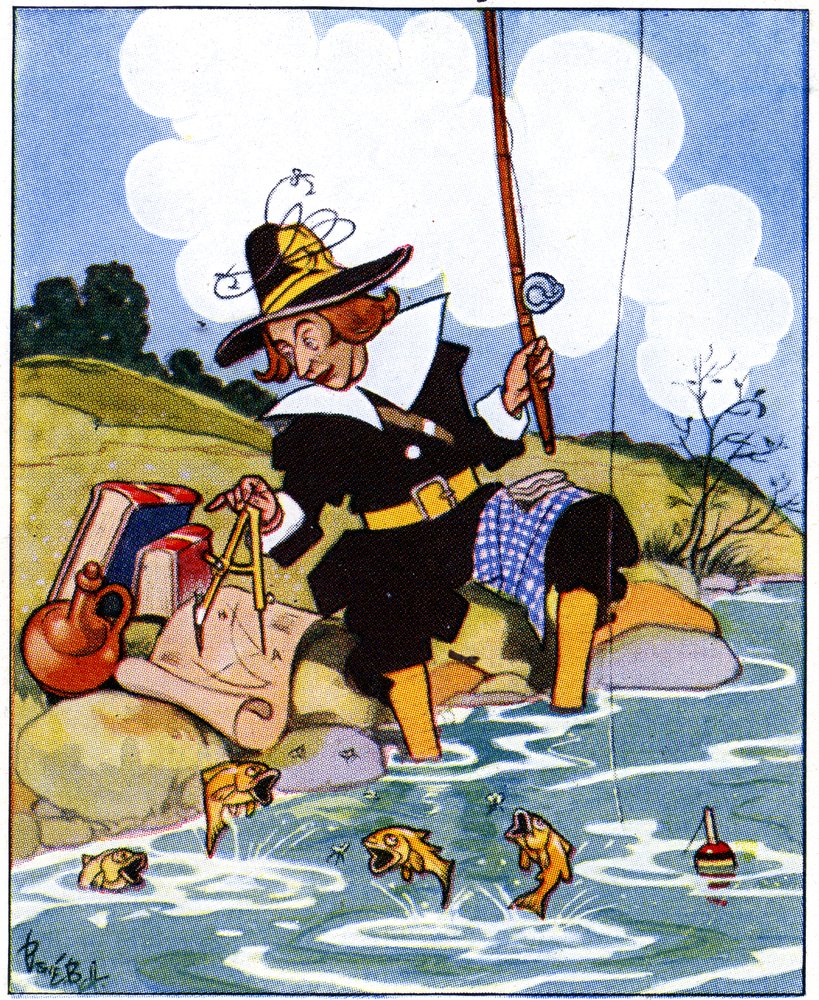 Izaak Walton tutkii Eukleideen kulmia kalastuksen aikana, 1936 tekijältä René Bull