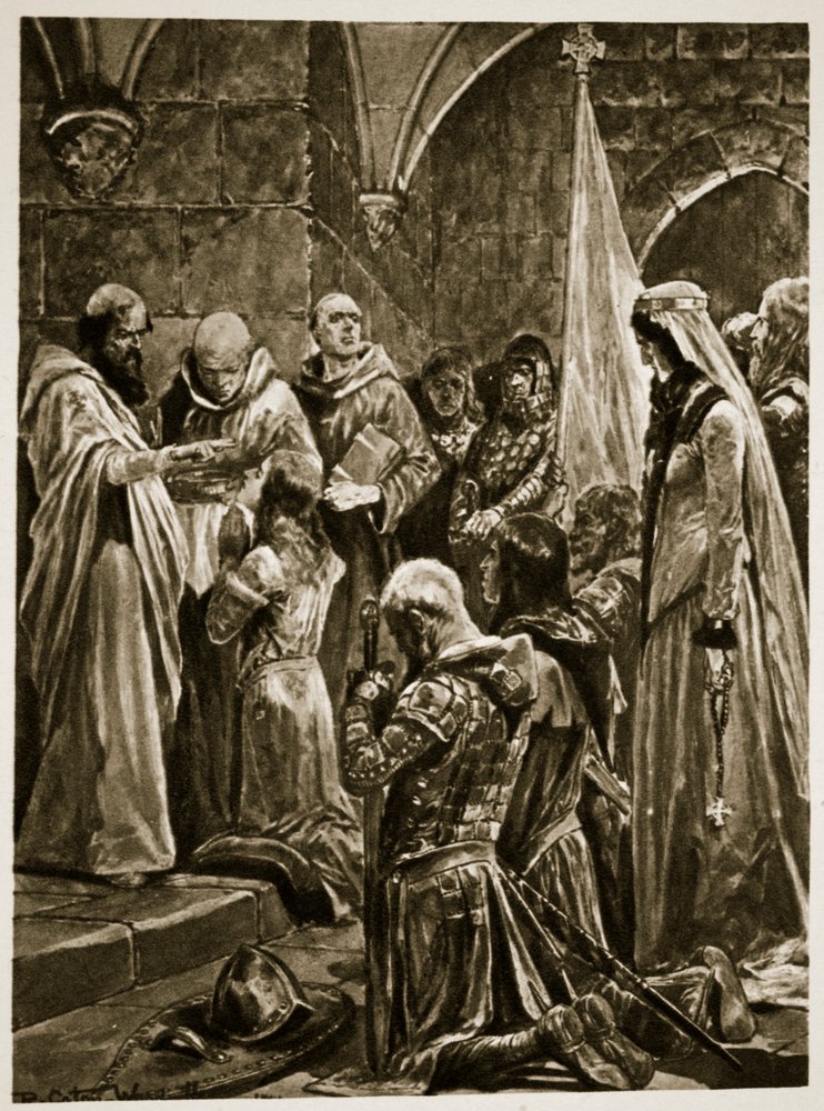 Edvard Marttyyrin voitelu hänen kruunajaisissaan, voitelijana pyhä Dunstan, Kingston upon Thames, lehdestä "The Illustrated London News", 1902 tekijältä Richard Caton Woodville
