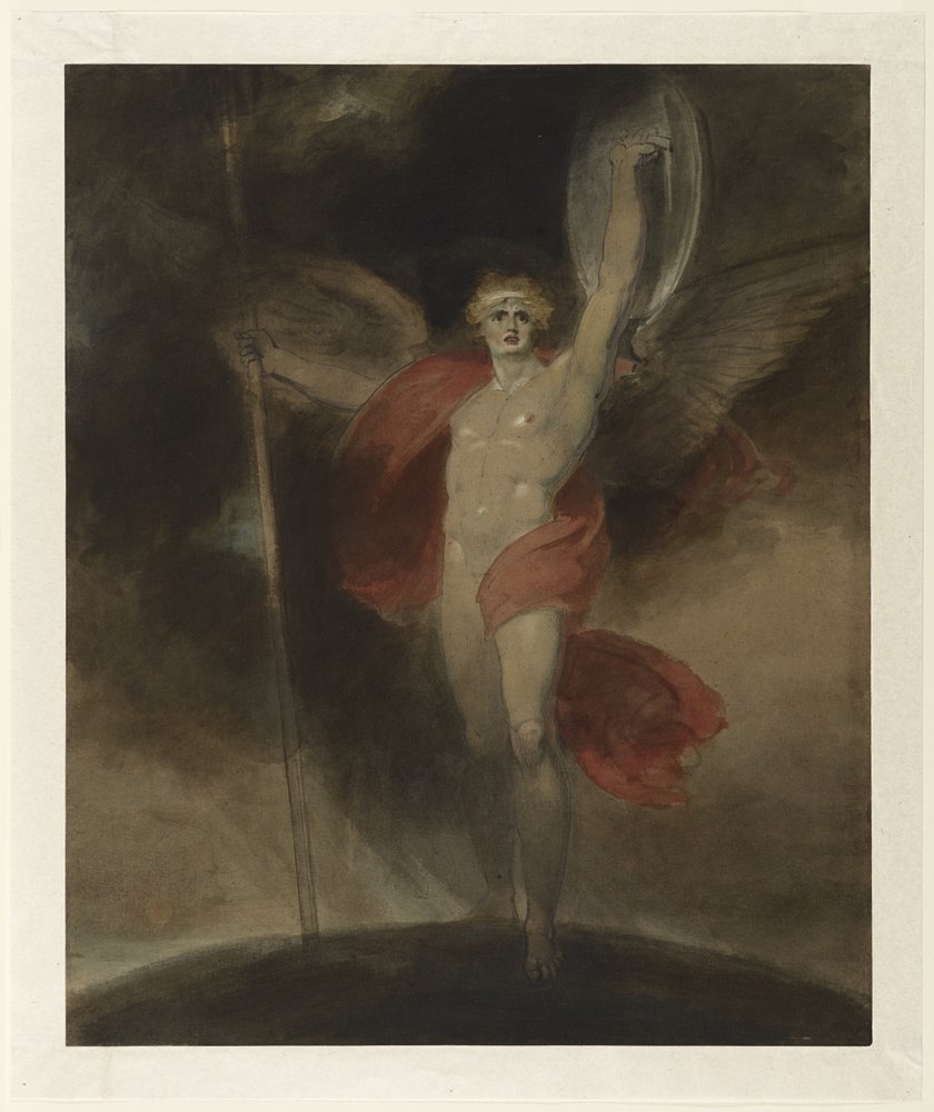 Satan Alarmd, n. 1790-luku (akvarelli, kynä ja muste & guassi, lyijykynä paperille) tekijältä Richard Westall